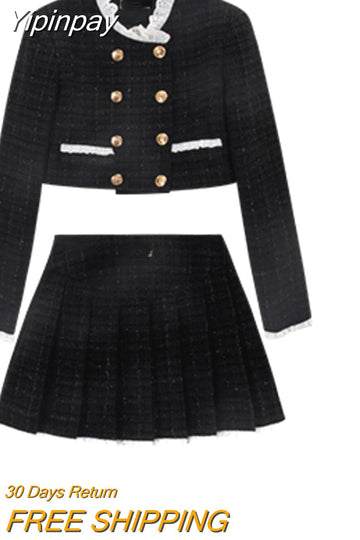 Yipinpay Autumn Vintage Suit Korean Fashion 2 Piece Dress Set Black Y2k Mini Skirt Woman + Elegant Crop Tops Casual Casual Clothing